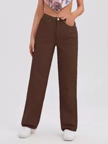 SHEIN EZwear High Waist Slant Pocket Straight Jeans - Coffee Brown - View 1