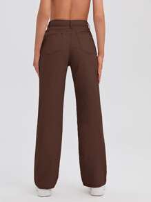 SHEIN EZwear High Waist Slant Pocket Straight Jeans - Coffee Brown - View 2
