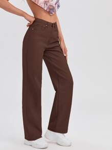 SHEIN EZwear High Waist Slant Pocket Straight Jeans - Coffee Brown - View 3