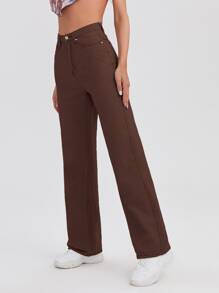 SHEIN EZwear High Waist Slant Pocket Straight Jeans - Coffee Brown - View 5