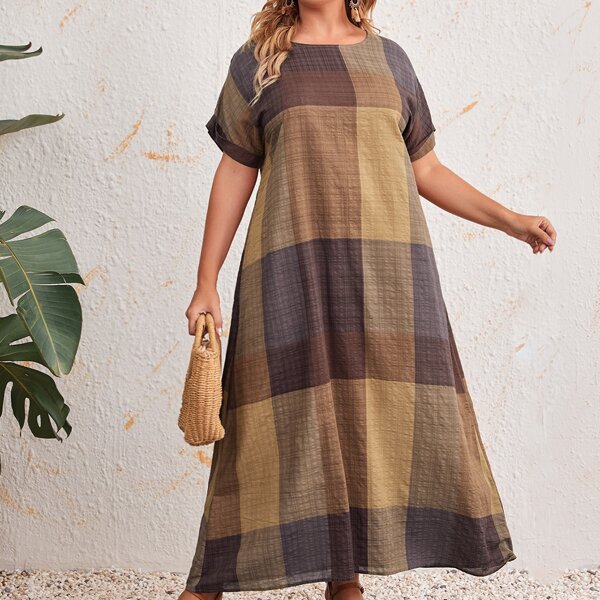 

Plus Rolled Cuff Plaid Dress, Multicolor