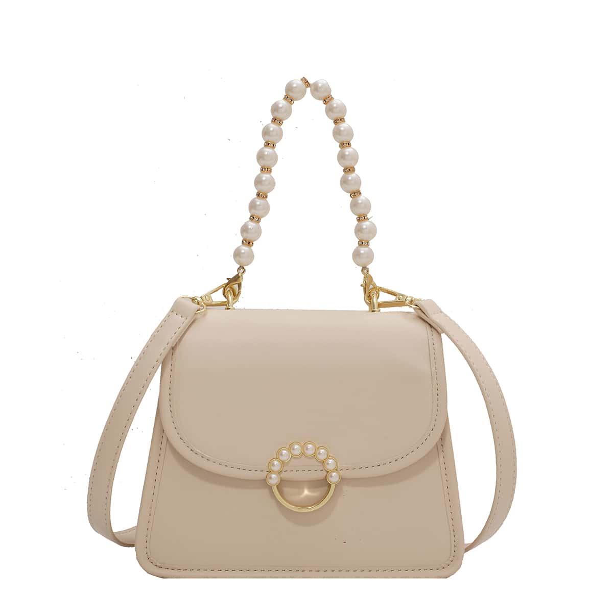 

Faux Pearl Handle Satchel Bag, Beige