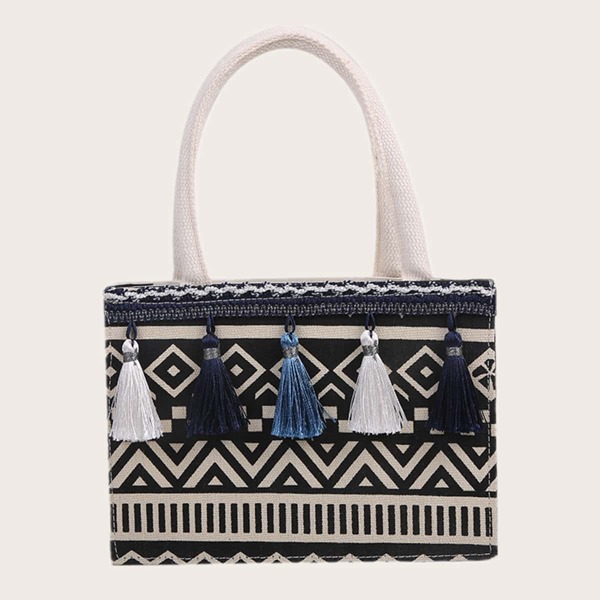 

Geometric Pattern Tassel Decor Satchel Bag, Black and white