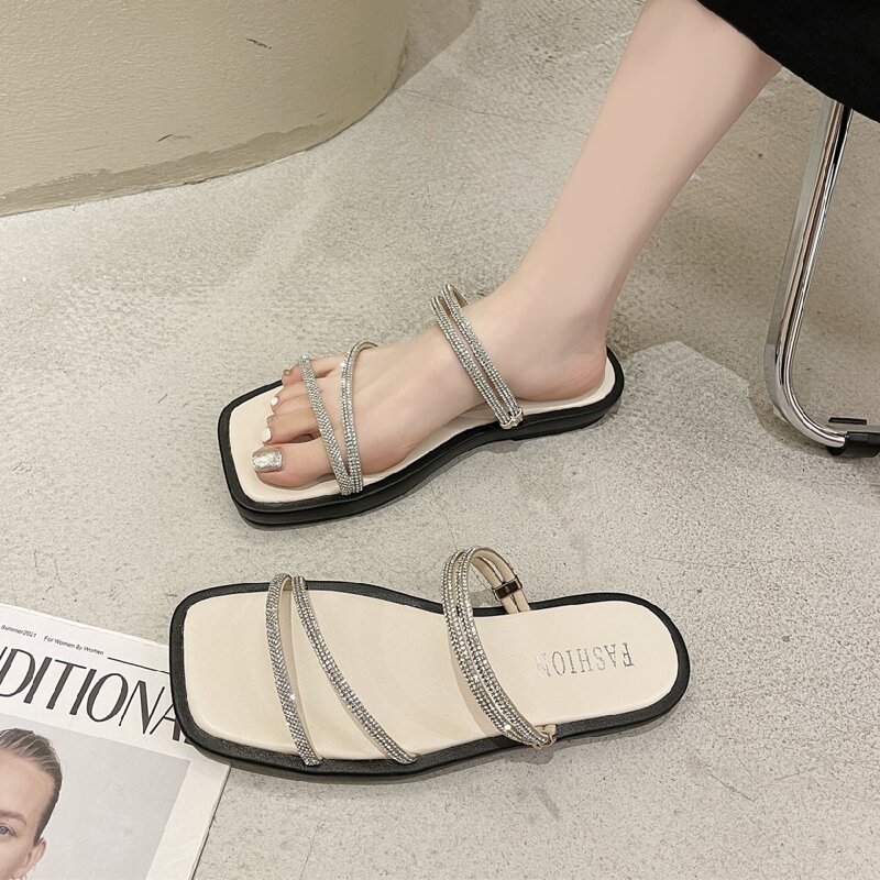 

Rhinestone Decor Slide Sandals, Beige