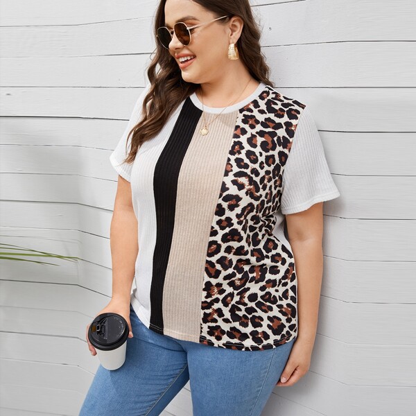 

Plus Leopard Print Colorblock Rib-knit Tee, Multicolor