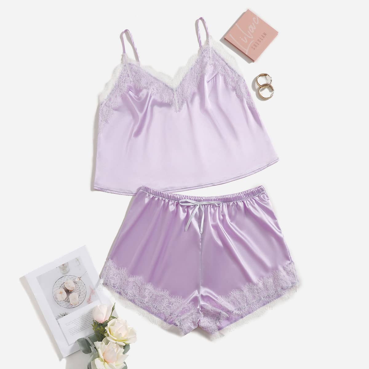 

Plus Contrast Lace Satin Pajama Set, Lilac purple