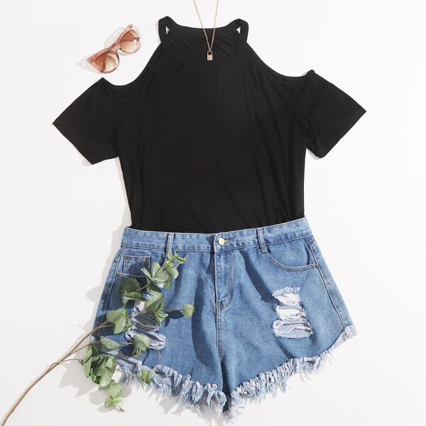 

Plus Cold Shoulder Solid Tee, Black
