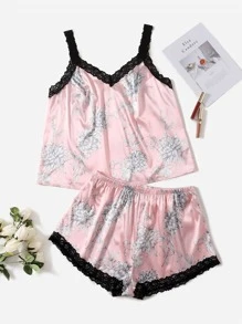 Conjunto de pijama de satén con encaje floral - Rosa - Ver 1