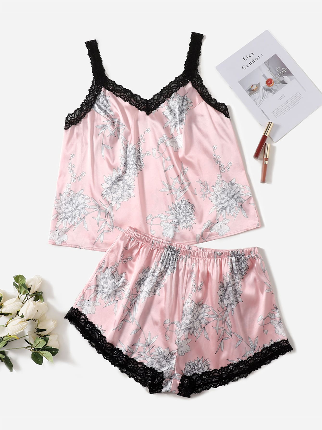 Conjunto de pijama de satén con encaje floral - Rosa - Ver 1