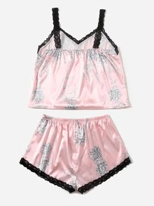 Conjunto de pijama de satén con encaje floral - Rosa - Ver 2