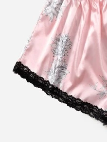 Conjunto de pijama de satén con encaje floral - Rosa - Ver 3