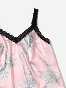 Conjunto de pijama de satén con encaje floral - Rosa - Ver 4