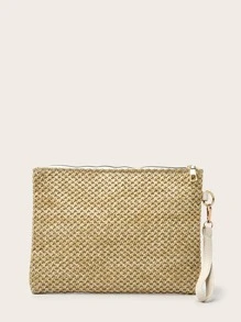 Straw Clutch Bag - Khaki - View 1