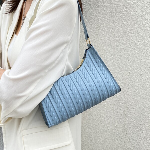 

Braided Embossed Baguette Bag, Blue
