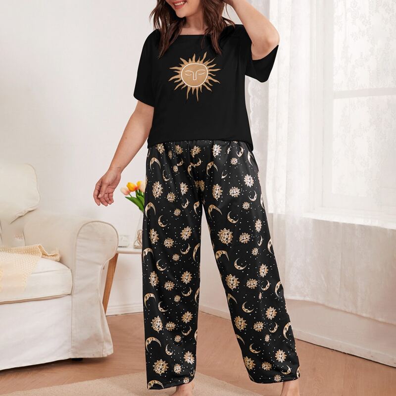 

Plus Sun And Moon Print Pajama Set, Black