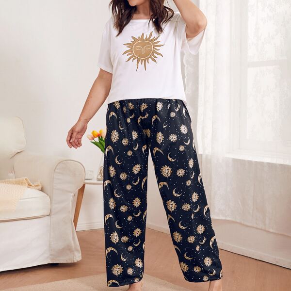 

Plus Sun And Moon Print Pajama Set, Blue and white
