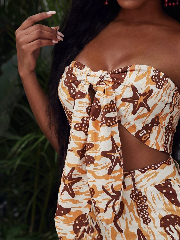 Animal Print Tie Front Crop Tube Top