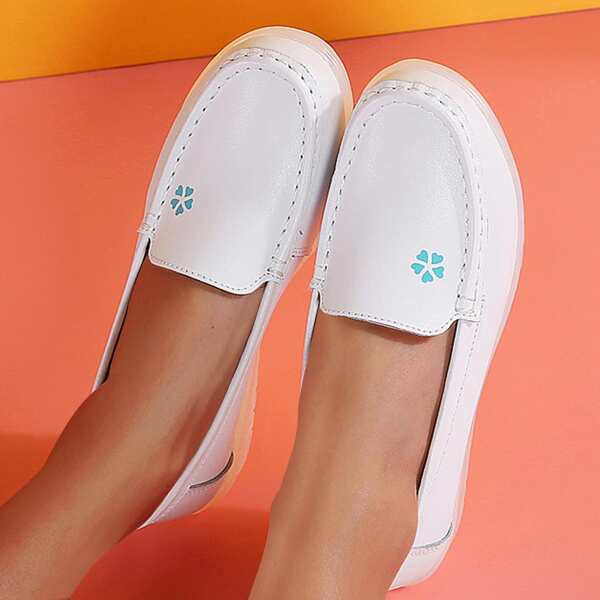 

Floral Graphic Leather Flat Loafers, White