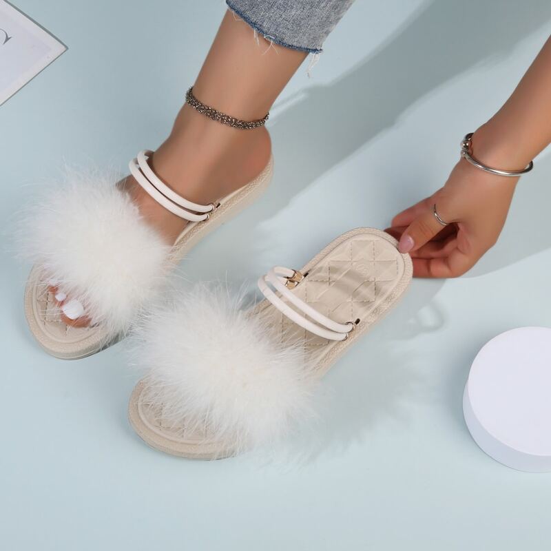 

Fluffy Slide Sandals, Beige