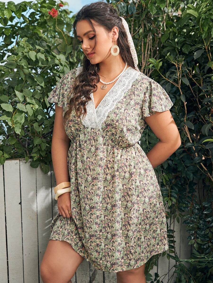 SHEIN Unity Đầm Plus Size Tương phản ren Xù Hoa Tất cả trên in Boho - Nhiều màu - Xem 1