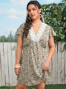 SHEIN Unity Đầm Plus Size Tương phản ren Xù Hoa Tất cả trên in Boho - Nhiều màu - Xem 3