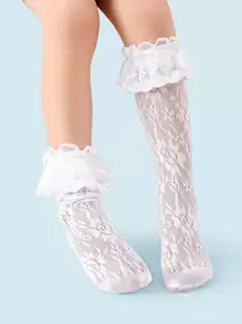 Toddler Girls Flower Pattern Over The Calf Socks - White - View 3