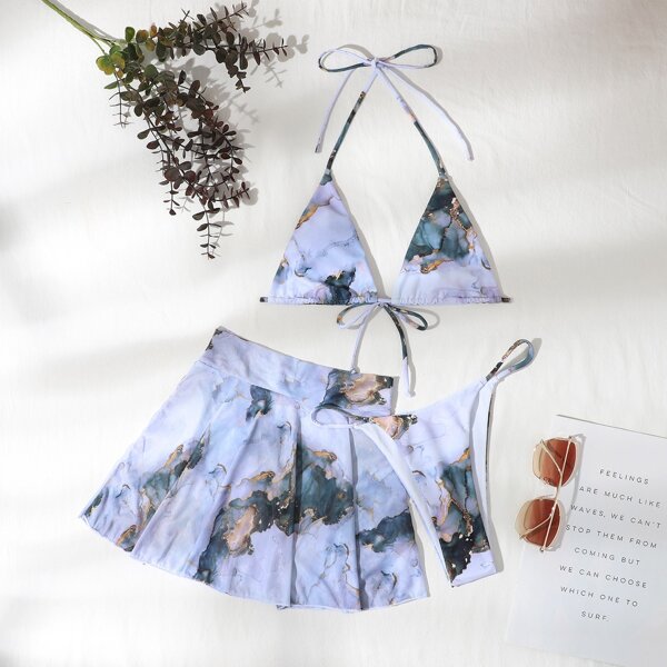 

3pack Marble Print Micro Triangle Bikini Swimsuit & Beach Skirt, Grey
