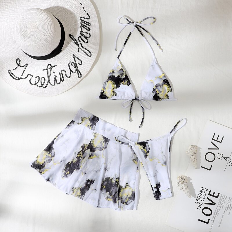 

3pack Marble Print Halter Bikini Swimsuit With Cover Up, Light grey