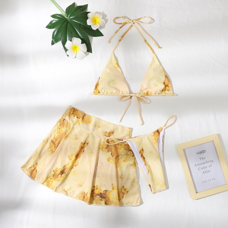 

3pack Marble Print Halter Bikini Swimsuit With Cover Up, Yellow