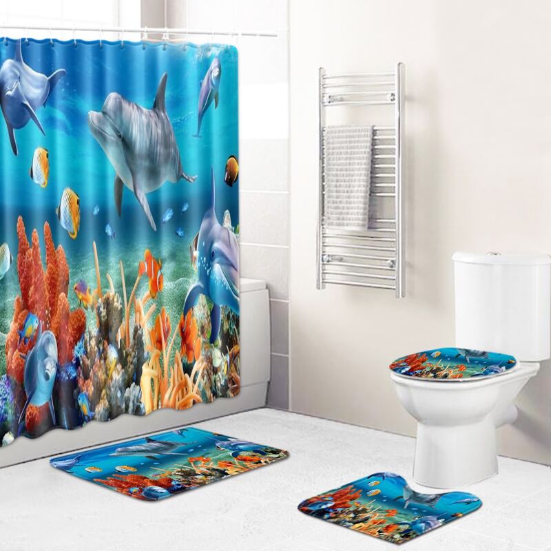 

1pc Seabed Print Shower Curtain Or 1pc Bath Mat, Multicolor