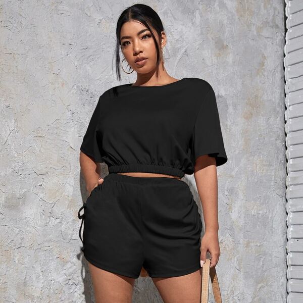 

Plus Elastic Hem Butterfly Sleeve Tee & Track Shorts, Black