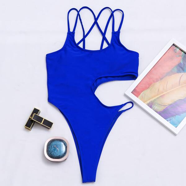 

Cut Out High Leg One Piece Swimsuit, Royal blue