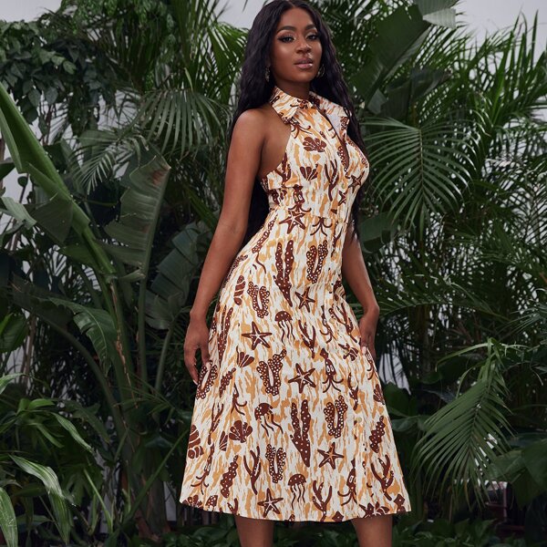 

Animal Print Open Back Halter Collar Dress, Multicolor