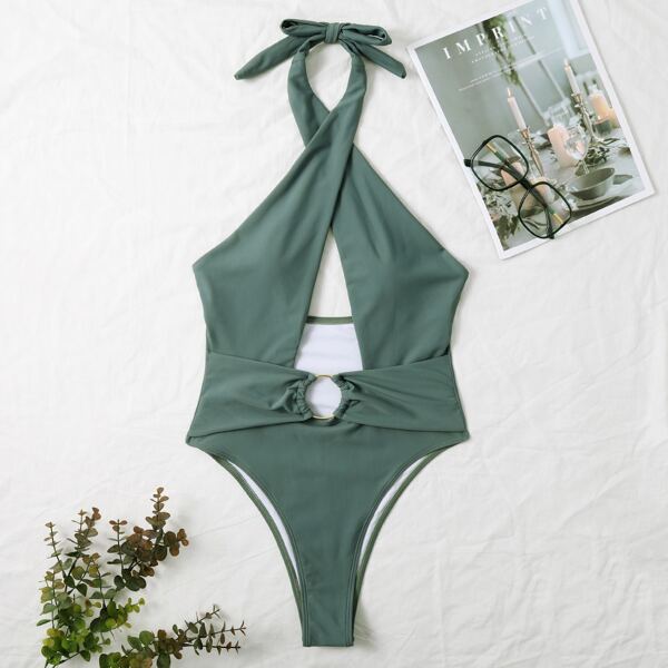 

Ring Linked Cross Halter One Piece Swimsuit, Army green