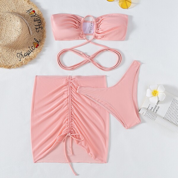 

3pack Bandeau Bikini Swimsuit With Beach Skirt, Pink