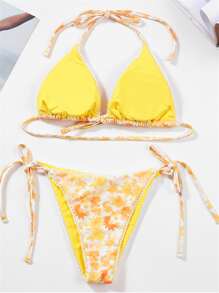 Floral Print Triangle Tie Side Bikini - Multicolor - View 2