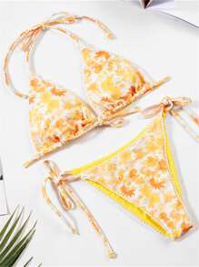 Floral Print Triangle Tie Side Bikini - Multicolor - View 3