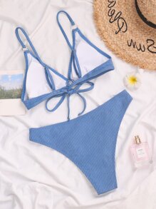 SHEIN Swim Summer Beach Ring Linked Tanga Bikini - Blue - View 2