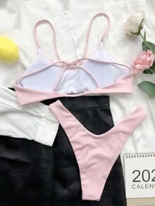 Rib High Cut Bikini For Summer Beach Vacation - Pink - View 2