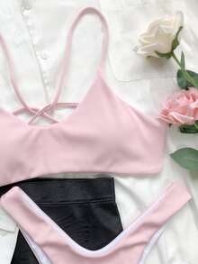 Rib High Cut Bikini For Summer Beach Vacation - Pink - View 4