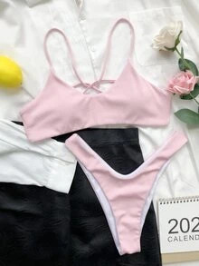 Rib High Cut Bikini For Summer Beach Vacation - Pink - View 5