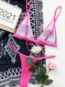 Textured Micro Triangle Thong Bikini Set, For Summer Beach Vacation - Pink - View 2