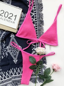 Textured Micro Triangle Thong Bikini Set, For Summer Beach Vacation - Pink - View 3