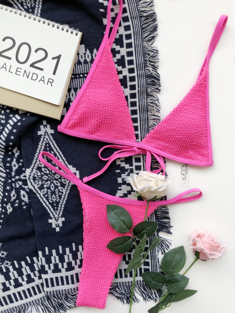 Textured Micro Triangle Thong Bikini Set, For Summer Beach Vacation - Pink - View 3