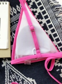 Textured Micro Triangle Thong Bikini Set, For Summer Beach Vacation - Pink - View 4