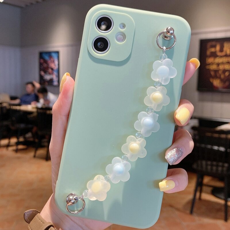 

Minimalist Phone Case With Flower Decor Hand Strap, Blue