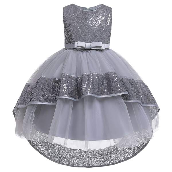 

Girls Contrast Sequin Dip Hem Gown Dress, Grey