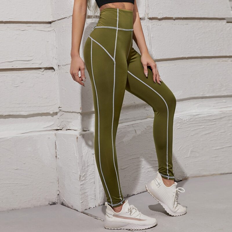 

Quick Drying Contrast Binding Sports Leggings, Green