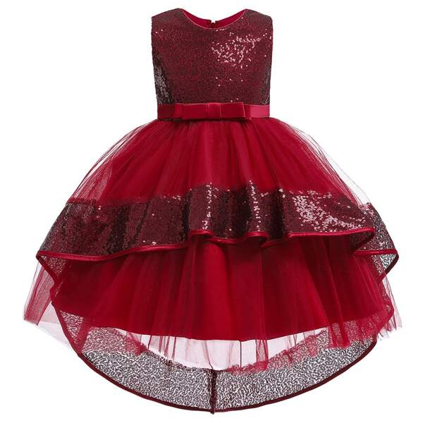 

Girls Contrast Sequin Dip Hem Gown Dress, Red