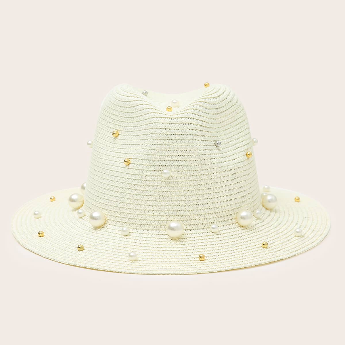 

Faux Pearl Decor Straw Hat, White